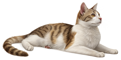 Realistic domestic cat, full body, lying down pose, relaxed natural position, realistic proportions, clean detailed fur texture, soft studio lighting, eye level view, centered composition, isolated on