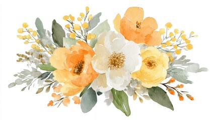 Hand-painted watercolor bouquet with vibrant orange and yellow blooms and fresh greens