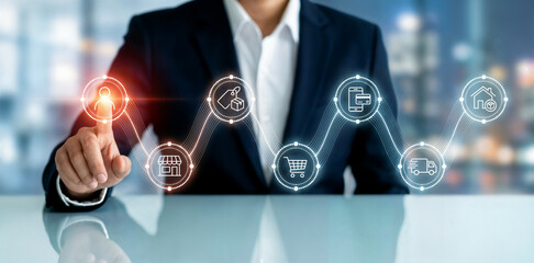 Seamless customer experience concept. Touching screen for providing personalized support throughout the customer journey from product discovery to purchase and engagement, featuring digital icons.