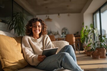 Happy young woman relaxing on a plush sofa with a tablet in a bright living room
