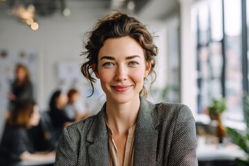 Headshot of a cheerful businesswoman in a sunny office