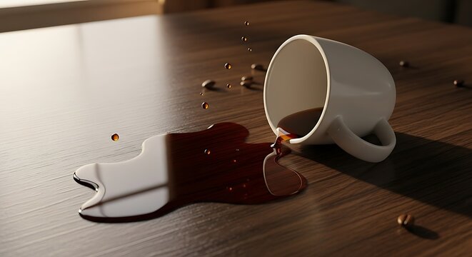 A white mug tipped over, spilling dark liquid and coffee beans on a wooden table.