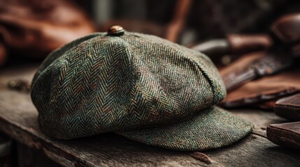 Heritage Style Flat Cap: Green Tweed with Hunting Aesthetic
