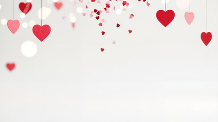 Red hearts hanging against a white background for Valentine's Day  