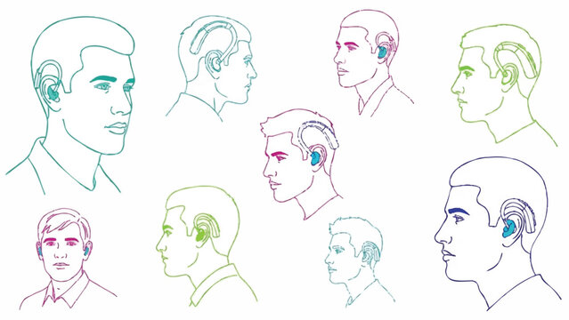 Collection of diverse male head profile sketches with colored accents.