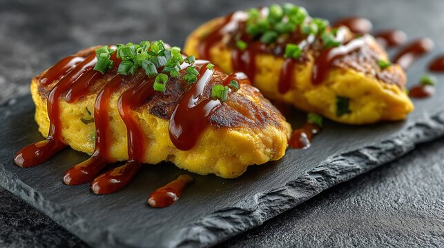 Mini omurice portion styled as tasting plate, macro lens, textured stone background