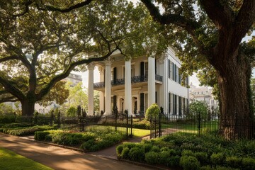 Historic 1860s southern executive residence: white clapboard house, tall columns, iron fence, serene grounds