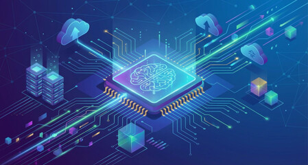 High-tech artificial intelligence brain on a microchip integrated with cloud computing and data network connections, symbolizing advanced machine learning and digital transformation concepts