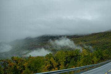 Misty mountain slope with autumn birch forest in Finnish Lapland