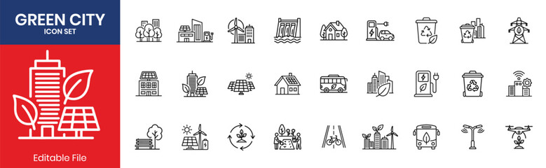 Green City Ecology And Environment Sustainable Thin Line Icons