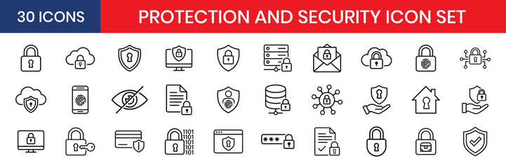 Protection And Cyber Security Shield Thin Line Icons