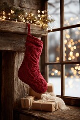 Holiday mantel display featuring a plush red stocking and soft bokeh lights