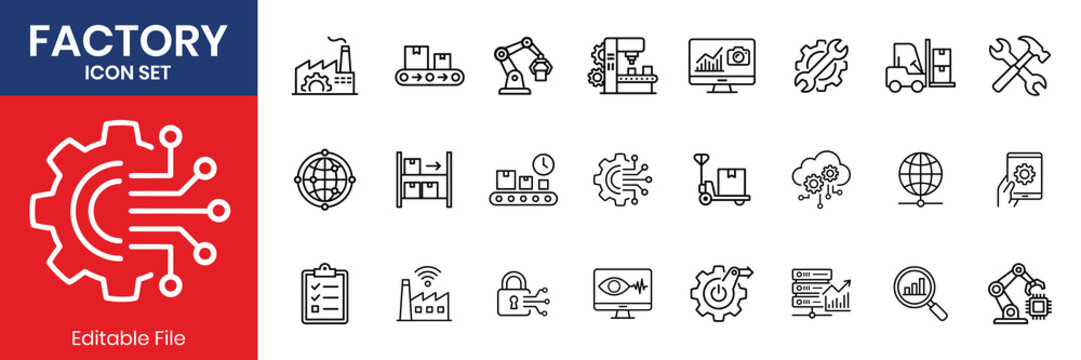 Factory And Industrial Manufacturing Production Thin Line Icons