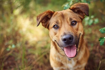 Hopeful mongrel waiting for a loving home in a green, nature-filled setting