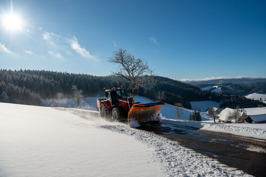 Snow plowing a mountain road in the Black Forest, Germany