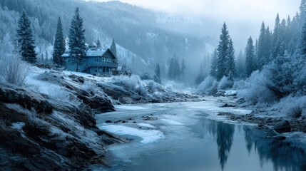 Icy mountain cottage beside a winding river in a tranquil winter alpine scene