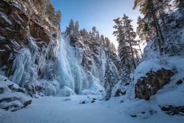 Icy waterfall landscape captured in tranquil winter morning light