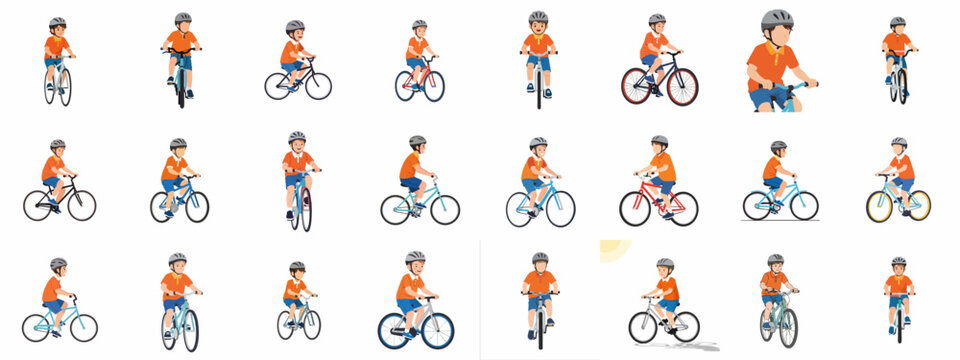 Set of Young Boy Bicycle Rider Illustrations with Helmet, Cycling in Various Poses and Angles, Representing Sports and Outdoor Activity.