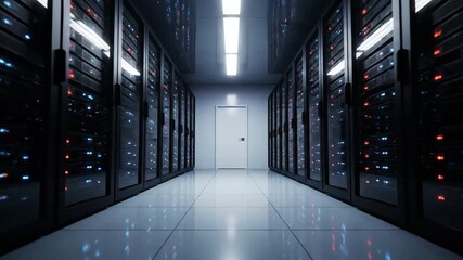 Corridor of a data center server room with rows of blinking server racks and a white door. - Powered by Adobe