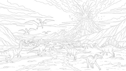Fototapeta premium Volcanic Eruption Backdrop to a Terrified Dinosaur Herd Coloring Page. transparent. svg.