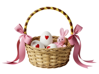 Easter egg's in a basket with bunny isolated on transparent background