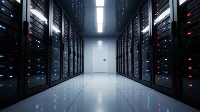 Corridor of a data center server room with rows of blinking server racks and a white door.