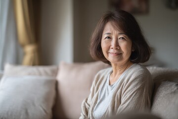Intimate at-home portrait of a mature Asian woman enjoying a quiet moment on a sofa