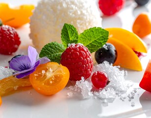 Plated dessert with fresh berries, mango, and shredded coconut
