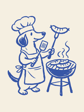 Dachshund chef grilling sausages naive doodle vector illustration