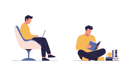 Flat vector illustration of the same man in two different activities.