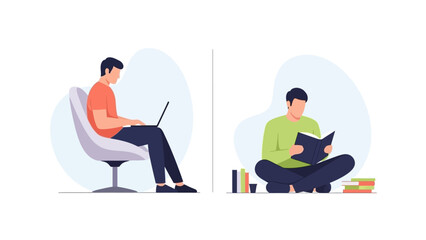 Flat vector illustration of the same man in two different activities.