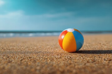Isolated beach ball on sunlit shoreline with calm sea in the background