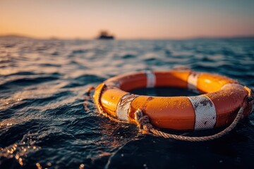 Isolated life preserver on serene ocean surface beneath a clear sky