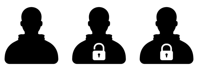 Black icon set of a person with open and closed lock without background.