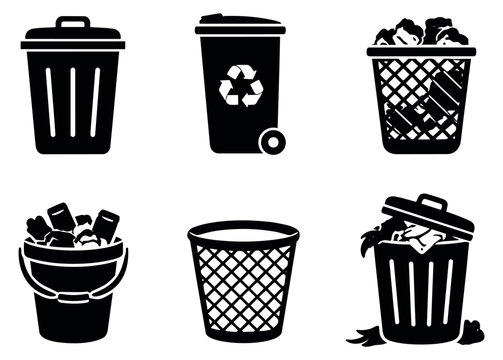 Simple graphic waste bin set featuring various trash cans and recycling bins for waste management and recycling