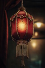 Isolated red lantern hanging in a quiet space with warm amber light