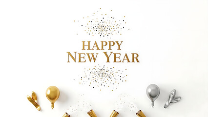 Golden happy new year text with sparkling confetti and metallic balloons over clean white background
