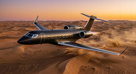 Luxury carbon fiber private plane soaring above vast sand dunes in the desert, elegant business aviation and freedom concept.