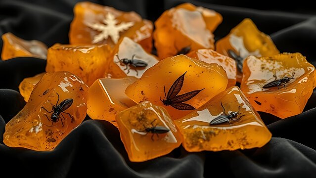 copal. Several raw amber copal resin pieces on black velvet with ancient inclusions. gardening catalogs, home-decor guides, designed for home decor and floral branding, used by video editors.