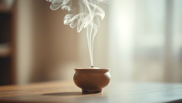 soliloquy. White smoke rising from a simple ceramic incense burner in soft indoor light. event programs, museum guides, designed for cultural heritage projects and event programs, supports education.