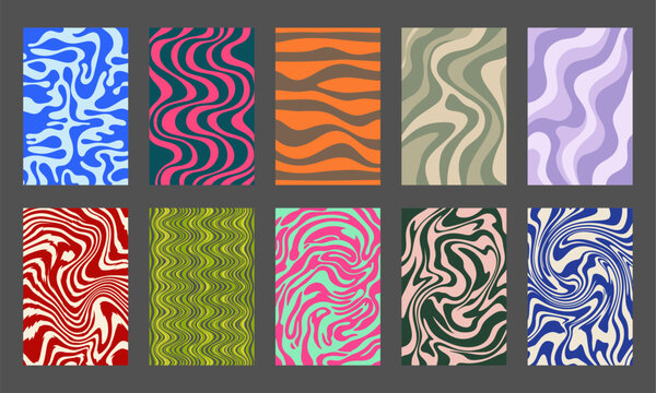 Set of 10 abstract wavy background patterns, retro groovy liquid textures with psychedelic marble swirls, flat vector distorted line art.