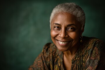 Joyful elderly woman portrait with soft lighting on a vibrant emerald-green backdrop