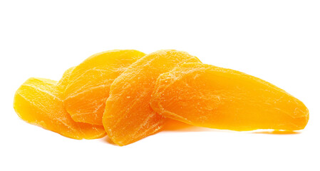 Candied mango slices isolated on white background, side view