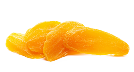 Candied mango slices isolated on white background, side view