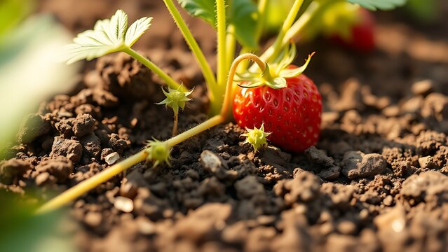 stolon. Close-up of a strawberry plant's stolon creeping across soil in morning light. gardening catalogs, home-decor guides, designed for gardening and botanical catalogs, enhances decor appeal.