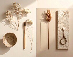 Minimal neutral still life background with ceramic tableware and soft light
