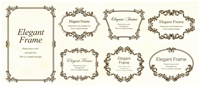 高級感のあるエレガンスなフレームセット、飾り罫、装飾デザイン、上品なあしらい、茶