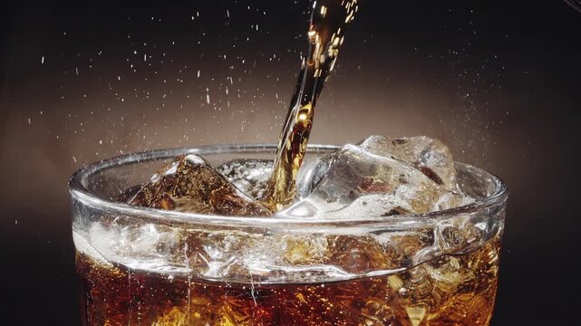 Close-up shot of cola being poured into a glass on the table with visible foam, fizz and rising carbonate bubble. Close-up.