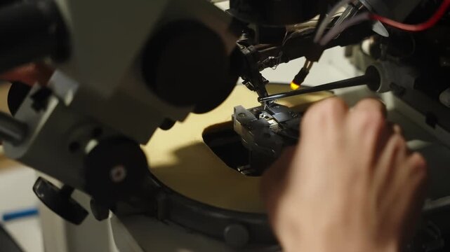 Macro close-up of semiconductor microchip under microscope on probe station, precision micromanipulators positioning test probes for electronics testing in a laboratory setup