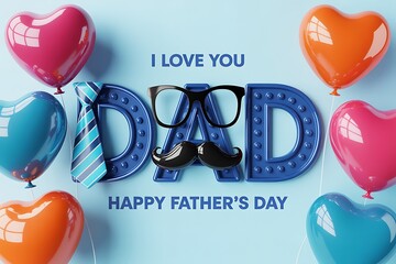 Happy fathers day greeting card with colorful balloons and decorative text on light blue background